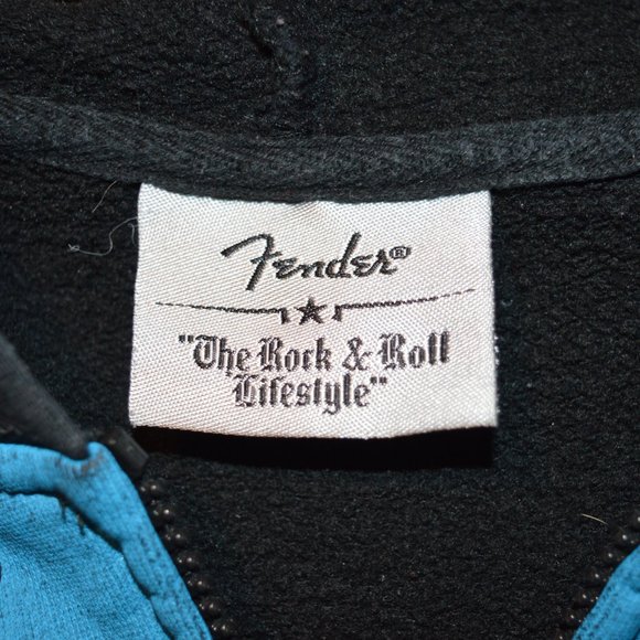 Fender Full Zip Mens Medium Blue Black Guitars Pocketed Hoodie Jacket - Picture 2 of 8